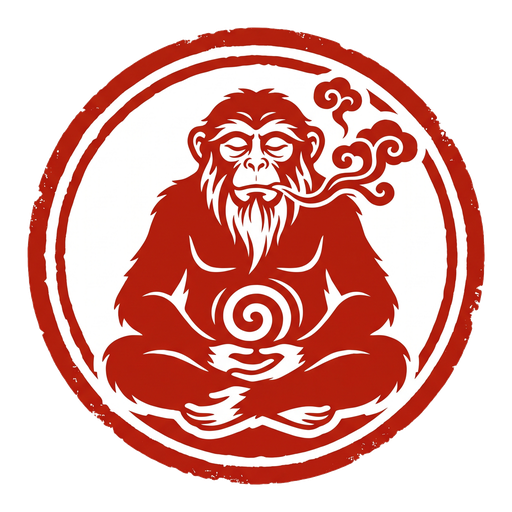 气猿工作室印章：一只盘腿打坐的猿，口中吐出一缕气